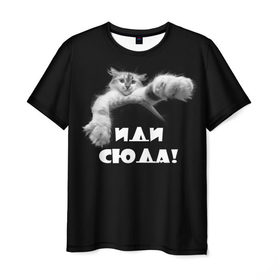 Мужская футболка 3D с принтом Иди сюда! в Тюмени, 100% полиэфир | прямой крой, круглый вырез горловины, длина до линии бедер | Тематика изображения на принте: киска | кот | котёнок | кошка | лапа | прикольные картинки