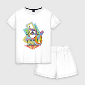 Женская пижама с шортиками хлопок с принтом Психокот в Тюмени, 100% хлопок | футболка прямого кроя, шорты свободные с широкой мягкой резинкой | абстракция | кот | психоделика