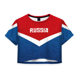 Женская футболка 3D укороченная с принтом Russia Team в Тюмени, 100% полиэстер | круглая горловина, длина футболки до линии талии, рукава с отворотами | cup | football | russia | олипм | россия | русская | русский | футбол | хохлома