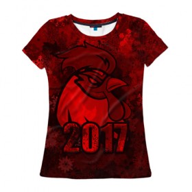 Женская футболка 3D с принтом Огненный петух в Тюмени, 100% полиэфир ( синтетическое хлопкоподобное полотно) | прямой крой, круглый вырез горловины, длина до линии бедер | животное | зима | красный | новый год | символ | снежинки