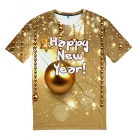 Мужская футболка 3D с принтом Happy New Year! в Тюмени, 100% полиэфир | прямой крой, круглый вырез горловины, длина до линии бедер | 