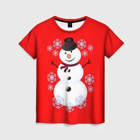 Женская футболка 3D с принтом Снеговик в Тюмени, 100% полиэфир ( синтетическое хлопкоподобное полотно) | прямой крой, круглый вырез горловины, длина до линии бедер | 2017 | дед мороз | зима | новый год | снеговик | снежинки