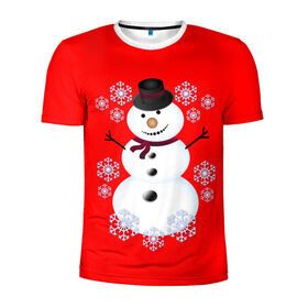 Мужская футболка 3D спортивная с принтом Снеговик в Тюмени, 100% полиэстер с улучшенными характеристиками | приталенный силуэт, круглая горловина, широкие плечи, сужается к линии бедра | Тематика изображения на принте: 2017 | дед мороз | зима | новый год | снеговик | снежинки