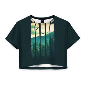 Женская футболка 3D укороченная с принтом Green Life в Тюмени, 100% полиэстер | круглая горловина, длина футболки до линии талии, рукава с отворотами | bird | forest | green | mountain | nature | гора | дерево | деревья | зеленый | лес | природа | птицы