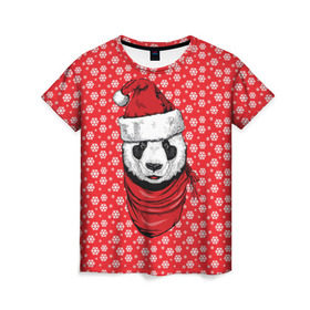 Женская футболка 3D с принтом Панда Клаус в Тюмени, 100% полиэфир ( синтетическое хлопкоподобное полотно) | прямой крой, круглый вырез горловины, длина до линии бедер | Тематика изображения на принте: animal | bear | beast | claus | panda | santa | дед мороз | елка | зверь | клаус | медведь | новый год | панда | рождество | санта | снег