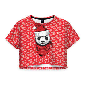 Женская футболка 3D укороченная с принтом Панда Клаус в Тюмени, 100% полиэстер | круглая горловина, длина футболки до линии талии, рукава с отворотами | Тематика изображения на принте: animal | bear | beast | claus | panda | santa | дед мороз | елка | зверь | клаус | медведь | новый год | панда | рождество | санта | снег