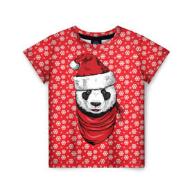 Детская футболка 3D с принтом Панда Клаус в Тюмени, 100% гипоаллергенный полиэфир | прямой крой, круглый вырез горловины, длина до линии бедер, чуть спущенное плечо, ткань немного тянется | animal | bear | beast | claus | panda | santa | дед мороз | елка | зверь | клаус | медведь | новый год | панда | рождество | санта | снег
