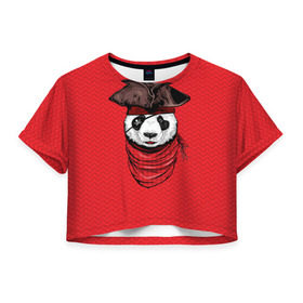 Женская футболка 3D укороченная с принтом Панда пират в Тюмени, 100% полиэстер | круглая горловина, длина футболки до линии талии, рукава с отворотами | animal | bay | bear | beast | captain | panda | pirate | бухта | зверь | капитан | корабль | медведь | панда | пират
