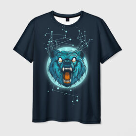 Мужская футболка 3D с принтом Космический медведь в Тюмени, 100% полиэфир | прямой крой, круглый вырез горловины, длина до линии бедер | bear | galaxy | moon | planet | rage | roar | space | universe | галактика | космос | луна | медведь | рык