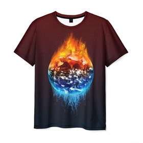 Мужская футболка 3D с принтом Огонь против воды в Тюмени, 100% полиэфир | прямой крой, круглый вырез горловины, длина до линии бедер | battle | fire | galaxy | planet | space | water | битва | вода | галактика | земля | космос | огонь | пламя | планета