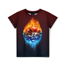 Детская футболка 3D с принтом Огонь против воды в Тюмени, 100% гипоаллергенный полиэфир | прямой крой, круглый вырез горловины, длина до линии бедер, чуть спущенное плечо, ткань немного тянется | battle | fire | galaxy | planet | space | water | битва | вода | галактика | земля | космос | огонь | пламя | планета
