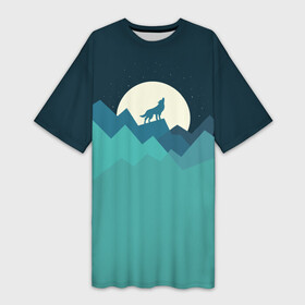 Платье-футболка 3D с принтом Воющий волк в Тюмени,  |  | animal | beast | moon | night | wolf | вой | волк | животное | зверь | луна | ночь
