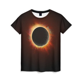 Женская футболка 3D с принтом Солнечное затмение в Тюмени, 100% полиэфир ( синтетическое хлопкоподобное полотно) | прямой крой, круглый вырез горловины, длина до линии бедер | eclipse | moon | planet | solar | space | star | sun | затмение | звезда | космос | луна | планета | солнце