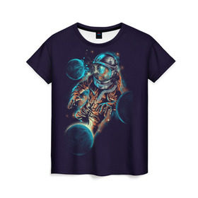 Женская футболка 3D с принтом Космический удар в Тюмени, 100% полиэфир ( синтетическое хлопкоподобное полотно) | прямой крой, круглый вырез горловины, длина до линии бедер | cosmonaut | galaxy | planet | space | star | астронавт | галактика | звезда | космонавт | космос | планета