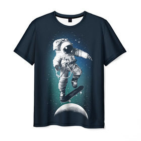 Мужская футболка 3D с принтом Космический скейтбординг в Тюмени, 100% полиэфир | прямой крой, круглый вырез горловины, длина до линии бедер | cosmonaut | galaxy | planet | skate | space | star | галактика | звезды | космонавт | космос | планета | скейт