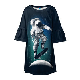 Детское платье 3D с принтом Космический скейтбординг в Тюмени, 100% полиэстер | прямой силуэт, чуть расширенный к низу. Круглая горловина, на рукавах — воланы | Тематика изображения на принте: cosmonaut | galaxy | planet | skate | space | star | галактика | звезды | космонавт | космос | планета | скейт