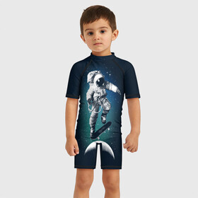 Детский купальный костюм 3D с принтом Космический скейтбординг в Тюмени, Полиэстер 85%, Спандекс 15% | застежка на молнии на спине | Тематика изображения на принте: cosmonaut | galaxy | planet | skate | space | star | галактика | звезды | космонавт | космос | планета | скейт