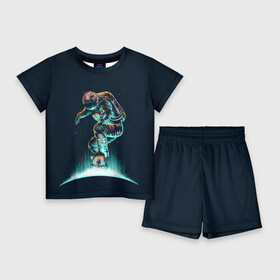 Детский костюм с шортами 3D с принтом Планетарный скейтбординг в Тюмени,  |  | cosmonaut | galaxy | planet | skate | space | star | галактика | звезды | космонавт | космос | планета | скейт