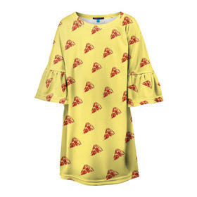 Детское платье 3D с принтом Рай пиццы в Тюмени, 100% полиэстер | прямой силуэт, чуть расширенный к низу. Круглая горловина, на рукавах — воланы | Тематика изображения на принте: food | pizza | грибы | еда | завтрак | колбаса | обед | пицца | помидор | ужин | фастфуд