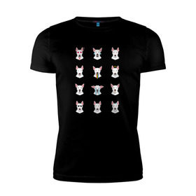 Мужская футболка премиум с принтом 12 эмоций бультерьера в Тюмени, 92% хлопок, 8% лайкра | приталенный силуэт, круглый вырез ворота, длина до линии бедра, короткий рукав | emoji | булечка | булик | буль | бультерьер | смайл | собака | эмоджи | эмодзи