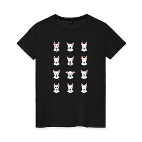 Женская футболка хлопок с принтом 12 эмоций бультерьера в Тюмени, 100% хлопок | прямой крой, круглый вырез горловины, длина до линии бедер, слегка спущенное плечо | emoji | булечка | булик | буль | бультерьер | смайл | собака | эмоджи | эмодзи