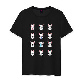 Мужская футболка хлопок с принтом 12 эмоций бультерьера в Тюмени, 100% хлопок | прямой крой, круглый вырез горловины, длина до линии бедер, слегка спущенное плечо. | Тематика изображения на принте: emoji | булечка | булик | буль | бультерьер | смайл | собака | эмоджи | эмодзи