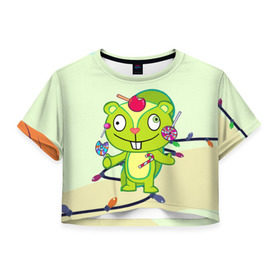 Женская футболка 3D укороченная с принтом Happy Tree Friends в Тюмени, 100% полиэстер | круглая горловина, длина футболки до линии талии, рукава с отворотами | 