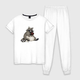 Женская пижама хлопок с принтом Енотик в Тюмени, 100% хлопок | брюки и футболка прямого кроя, без карманов, на брюках мягкая резинка на поясе и по низу штанин | акварель | енот | кекс | мафин | сладкоежка
