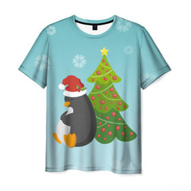 Мужская футболка 3D с принтом Новогодний пингвинчик в Тюмени, 100% полиэфир | прямой крой, круглый вырез горловины, длина до линии бедер | елка | новый год | пингвин