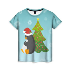 Женская футболка 3D с принтом Новогодний пингвинчик в Тюмени, 100% полиэфир ( синтетическое хлопкоподобное полотно) | прямой крой, круглый вырез горловины, длина до линии бедер | елка | новый год | пингвин