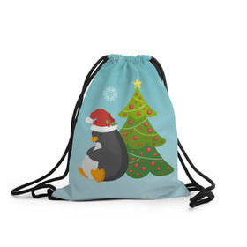Рюкзак-мешок 3D с принтом Новогодний пингвинчик в Тюмени, 100% полиэстер | плотность ткани — 200 г/м2, размер — 35 х 45 см; лямки — толстые шнурки, застежка на шнуровке, без карманов и подкладки | елка | новый год | пингвин