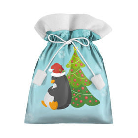 Подарочный 3D мешок с принтом Новогодний пингвинчик в Тюмени, 100% полиэстер | Размер: 29*39 см | Тематика изображения на принте: елка | новый год | пингвин