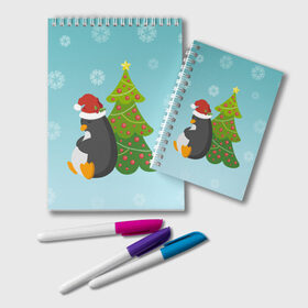 Блокнот с принтом Новогодний пингвинчик в Тюмени, 100% бумага | 48 листов, плотность листов — 60 г/м2, плотность картонной обложки — 250 г/м2. Листы скреплены удобной пружинной спиралью. Цвет линий — светло-серый
 | Тематика изображения на принте: елка | новый год | пингвин