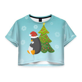 Женская футболка 3D укороченная с принтом Новогодний пингвинчик в Тюмени, 100% полиэстер | круглая горловина, длина футболки до линии талии, рукава с отворотами | елка | новый год | пингвин