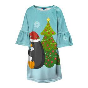 Детское платье 3D с принтом Новогодний пингвинчик в Тюмени, 100% полиэстер | прямой силуэт, чуть расширенный к низу. Круглая горловина, на рукавах — воланы | Тематика изображения на принте: елка | новый год | пингвин