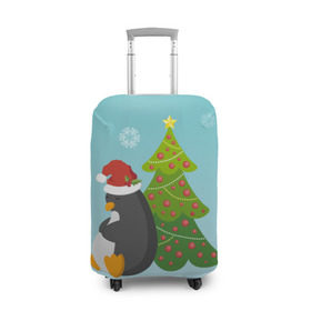Чехол для чемодана 3D с принтом Новогодний пингвинчик в Тюмени, 86% полиэфир, 14% спандекс | двустороннее нанесение принта, прорези для ручек и колес | елка | новый год | пингвин