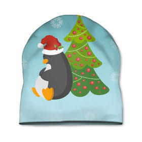 Шапка 3D с принтом Новогодний пингвинчик в Тюмени, 100% полиэстер | универсальный размер, печать по всей поверхности изделия | Тематика изображения на принте: елка | новый год | пингвин