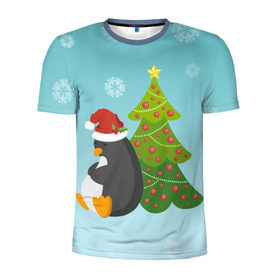 Мужская футболка 3D спортивная с принтом Новогодний пингвинчик в Тюмени, 100% полиэстер с улучшенными характеристиками | приталенный силуэт, круглая горловина, широкие плечи, сужается к линии бедра | елка | новый год | пингвин