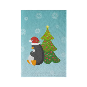 Обложка для паспорта матовая кожа с принтом Новогодний пингвинчик в Тюмени, натуральная матовая кожа | размер 19,3 х 13,7 см; прозрачные пластиковые крепления | Тематика изображения на принте: елка | новый год | пингвин