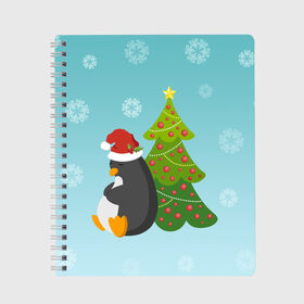 Тетрадь с принтом Новогодний пингвинчик в Тюмени, 100% бумага | 48 листов, плотность листов — 60 г/м2, плотность картонной обложки — 250 г/м2. Листы скреплены сбоку удобной пружинной спиралью. Уголки страниц и обложки скругленные. Цвет линий — светло-серый
 | Тематика изображения на принте: елка | новый год | пингвин