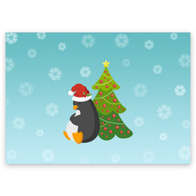 Поздравительная открытка с принтом Новогодний пингвинчик в Тюмени, 100% бумага | плотность бумаги 280 г/м2, матовая, на обратной стороне линовка и место для марки
 | Тематика изображения на принте: елка | новый год | пингвин