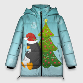 Женская зимняя куртка 3D с принтом Новогодний пингвинчик в Тюмени, верх — 100% полиэстер; подкладка — 100% полиэстер; утеплитель — 100% полиэстер | длина ниже бедра, силуэт Оверсайз. Есть воротник-стойка, отстегивающийся капюшон и ветрозащитная планка. 

Боковые карманы с листочкой на кнопках и внутренний карман на молнии | Тематика изображения на принте: елка | новый год | пингвин