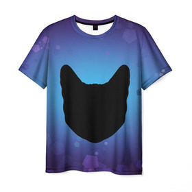 Мужская футболка 3D с принтом Силуэт черной кошки в Тюмени, 100% полиэфир | прямой крой, круглый вырез горловины, длина до линии бедер | Тематика изображения на принте: кошка | силуэт | синий | фиолетовый | черный