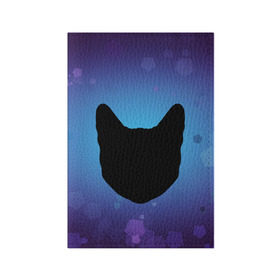 Обложка для паспорта матовая кожа с принтом Силуэт черной кошки в Тюмени, натуральная матовая кожа | размер 19,3 х 13,7 см; прозрачные пластиковые крепления | Тематика изображения на принте: кошка | силуэт | синий | фиолетовый | черный