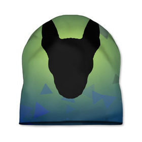 Шапка 3D с принтом силуэт Бультерьера в Тюмени, 100% полиэстер | универсальный размер, печать по всей поверхности изделия | зеленый | силуэт | синий | собака | черный