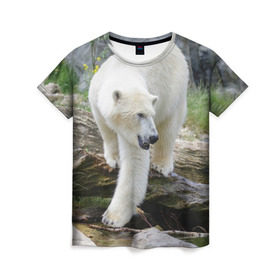 Женская футболка 3D с принтом Белый медведь в Тюмени, 100% полиэфир ( синтетическое хлопкоподобное полотно) | прямой крой, круглый вырез горловины, длина до линии бедер | арктика