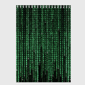 Скетчбук с принтом Матрица в Тюмени, 100% бумага
 | 48 листов, плотность листов — 100 г/м2, плотность картонной обложки — 250 г/м2. Листы скреплены сверху удобной пружинной спиралью | Тематика изображения на принте: атака | буквы | виртуальный мир | вирус | гаджет | девайс | иероглифы | интернет | компьютер | матрица | паутина | программист | сеть | символы | софт | хакер | цифры