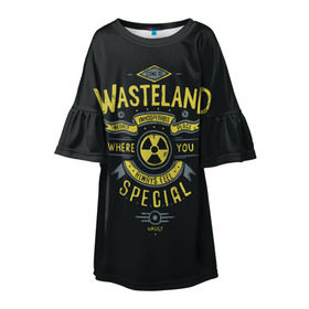 Детское платье 3D с принтом Come to Wasteland в Тюмени, 100% полиэстер | прямой силуэт, чуть расширенный к низу. Круглая горловина, на рукавах — воланы | Тематика изображения на принте: atom | bomb | boy | fallout | radioactive | vault | wasteland | атом | бой | бомба | волт | мальчик | радиация | фоллаут | ядерная
