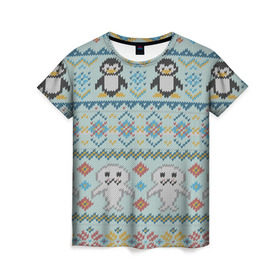 Женская футболка 3D с принтом Детский вязаный узор в Тюмени, 100% полиэфир ( синтетическое хлопкоподобное полотно) | прямой крой, круглый вырез горловины, длина до линии бедер | зима | нг | новый год | рождество | свитер | снег