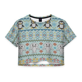 Женская футболка 3D укороченная с принтом Детский вязаный узор в Тюмени, 100% полиэстер | круглая горловина, длина футболки до линии талии, рукава с отворотами | зима | нг | новый год | рождество | свитер | снег
